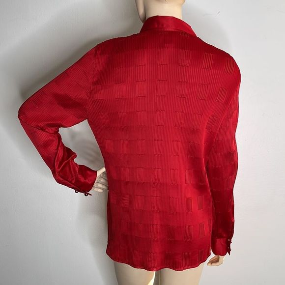 Red Silky Textured Long Sleeve Button Shirt - Picture 14 of 16